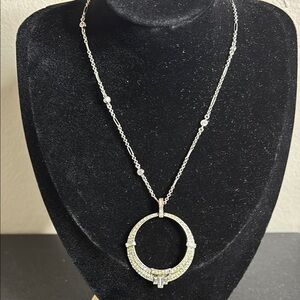 Vintage Carolee Baguette Circle Rhinestone Pendant Chain Silver Necklace